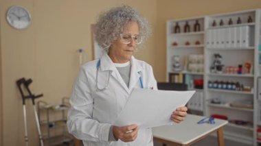 Klinikte doktor önlüğü ve gözlüğü giyen gri saçlı bir kadın tıbbi malzemelerle çevrili bir belge tutuyor..