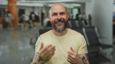 Sakallı ve dövmeli bir adam, arka planda seyahat ve konukseverlik temalarını vurgulayan sandalyeleri olan kapalı bir havaalanı terminalinde başparmak kaldırıyor..