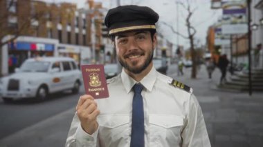 Filipin pasaportlu genç pilot şehrin arka planında gülümsüyor, seyahat hazırlığı ve uluslararası seyahat heyecanı sergiliyor..