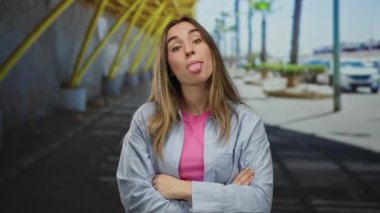 Açık havada, güneşli bir sokakta komik suratlar yapan bir kadın, pembe ve mavi bir kıyafet giyerken neşe ve mizah ifade ediyor..