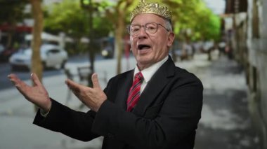 Takım elbiseli kıdemli bir adam canlı bir sokakta neşeli jestler yapar. Açık hava ortamında kutlama ve zarafeti somutlaştırır..