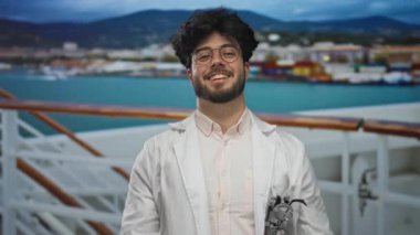Sakallı, gözlüklü ve laboratuvar önlüklü genç adam arka planda manzaralı okyanus manzaralı yolcu gemisinde gülüyor büyüleyici kıyı manzarasını gösteriyor..