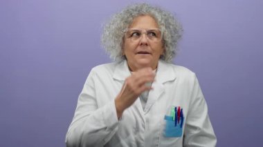 Beyaz önlüklü, gri saçlı, mor arkaplanlı, ağzı kapalı bir kadın..