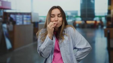Havaalanında gülümseyen genç bir kadın sessiz bir jest yapıyor. Terminal bölgesinin bulanık arka planında günlük giysiler giyiyor. Seyahat bağlamında olduğunu gösteriyor..