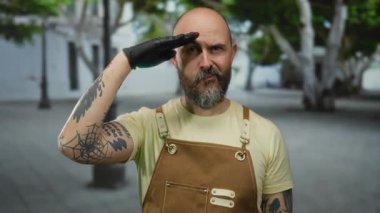 Tulum giymiş sakallı ve eldiven giyen bir adam güneşli bir şehir caddesinde ağaçların ve binaların önündeki bulanık arka planda duruyor..