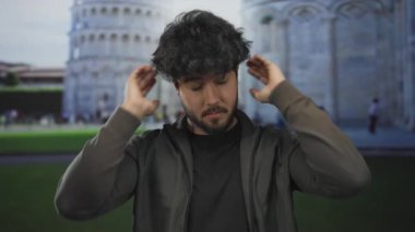 Sakallı genç adam güneşli bir günde sidik kulesinin önünde kulaklarını kapatıyor İtalya 'da bir ifade anı yakalıyor..