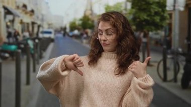 Gözlüklü ve süveter giyen bir kadın sokak ortasında dikiliyor. Açık hava ortamında karışık duygular sergiliyor..