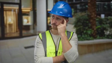 Yansıtıcı yelek ve kasketli genç adam bir şehir caddesinde düşünceli bir şekilde duruyor, açık hava inşaatı veya kentsel planlama öneriyor..