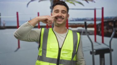 Yansıtıcı yelek giymiş İspanyol bir adam gülümsüyor ve arka planda fitness ekipmanları ve okyanus olan bir spor salonunda burnunu işaret ediyor..