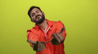 Turuncu hapishane tulumu ve kelepçe giyen İspanyol bir adam, yasaklı bir ortamda meydan okumanın altını çizerek, canlı sarı bir arka plana karşı saldırgan bir hareket yapıyor..