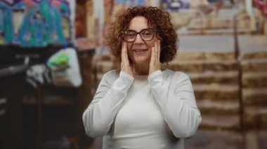 Kıvırcık saçlı ve gözlüklü İspanyol bir kadın. Grafiti ile şehir caddesinde sürpriz yapıyor. Canlı sokak hayatı ve şehir kültürü sergiliyor..