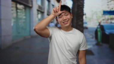 Genç Çinli bir adam hareketli bir şehir caddesinde neşeli bir şekilde gülümsüyor, neşeli bir ifadeyle el kol hareketi yapıyor, açık havada günlük beyaz bir gömlek giyiyor..