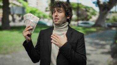 Suudi riyal banknotlarını elinde tutan İspanyol bir adam şehrin dışında dikiliyor, iş kıyafetlerini günlük zarafetle harmanlıyor..