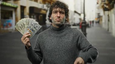 Bir şehir caddesinde Amerikan doları tutan İspanyol adam zenginliği ve şehir yaşam tarzını vurguluyor.