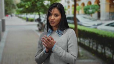 Siyah saçlı genç bir kadın şehir caddesinde arabalarla ve yeşilliklerle çevrili bir şekilde ayakta dururken gün ışığında canlı bir şehir ortamı sergiliyor..