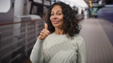 Kıvırcık saçlı bir kadın, açık hava limanında teknelerin yanında bulanık bir deniz kenarına başparmak işareti yapıyor..