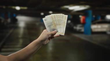 Bir arabanın yanındaki kapalı otoparkta Danimarka kronu banknotları tutan adam Danimarka 'da mali başarı ve nakit işlemleri sergiliyor..