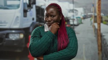 Şehir merkezindeki bir kamyonun yanında pembe örgülü bir kadın yeşil bir kazak giyiyor ve düşünceli bir ifade sergiliyor..