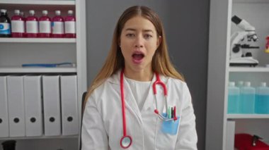 Çılgın klinik atmosferinde komik bir yüz ifadesi olan beyaz kadın doktor, hava dolu ağız ve komik somurtma.