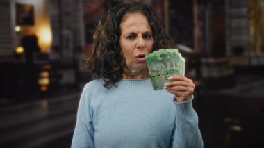 Bir kilise ortamında Güney Afrika banknotlarını tutan bir kadın, ciddi bir mali kaygı uyandırıyor, orta yaş ve sorgulama ifadesi aydınlatılıyor.