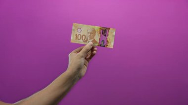 Kanadalı adamın 100 dolarlık banknotu, izole edilmiş mor duvar arkaplanı, para birimi ayrıntıları ve açık sadelik sergiliyor..