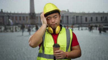 İnşaat malzemeleri giyen adam Aziz Peter Meydanı 'nda kahve içerek Vatikan' ın tarihi arkaplanıyla modern iş kıyafetlerinin bir karışımını yakalıyor..