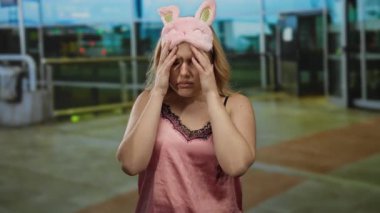 Havalimanında maske takan kadın yorgun görünüyor. Bitkinlik ve seyahat yorgunluğu çekiyor..