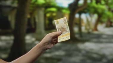 Bir şehir caddesinde Norveçli Krone banknotları tutan adam, açık hava ortamında para birimini vurguluyor..