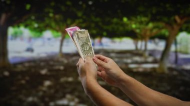 Şehir parkında el ele tutuşan Hint rupileri, açık havada bir adamın yaptığı finansal bir alışverişi gösteriyor..