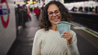 Tren istasyonunda gülümseyen bir kadın elinde Malezya bankası banknotları ile, bir şehir taşımacılığı ortamında zenginlik ve kültürel çeşitlilik sergiliyor..