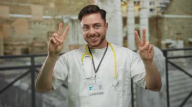 Steteskoplu bir doktor Roma harabelerinde zafer jesti yapıyor, açık havada gülümseyen genç bir beyaz adam gösteriyor, tıbbi ve tarihi unsurları birleştiriyor..