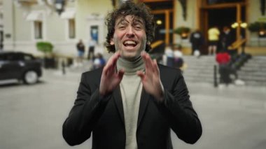 Kalabalık bir caddede elleri ağzında bağıran enerjik bir adam takım elbise giymiş bir şekilde dışarıda bekliyor..