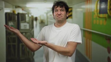 İspanyol bir adam bir yolcu gemisi koridorunda silah uzatıyordu, gelişigüzel bir ortamda merakını dile getiriyordu, hareketli arka plan unsurları ve sakin bir ortam sunuyordu..