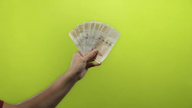 Danimarka kronu banknotlarını canlı sarı bir arka plana karşı tutan bir adamın eli, belirgin para birimini gösteriyor..