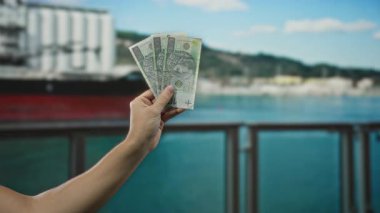 Polonya 'nın deniz kıyısında zloti banknotları tutan ve arka planda tekneleri olan bir adam, Polonya' nın denizcilik ortamındaki açık hava para birimi bağlamını gösteriyor..
