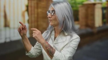 Kırlaşmış saçlı, dövmeli ve gözlüklü bir kadın arka planda bulanık marketlerle dolu açık bir sokakta hevesle el kol hareketi yapıyor..