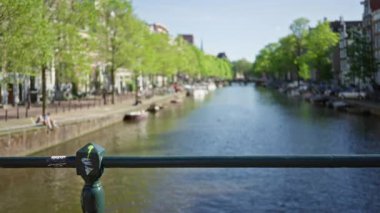 Yeşil ağaçlarla kaplı bulanık bir kanalın mavi gökyüzüne uzanan suyolu, sakin şehir manzarasını ve bahar aylarında ikonik Hollanda mimarisini gözler önüne seriyor..
