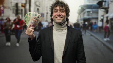 İspanyol asıllı bir adam şehir caddesinde elinde Arjantin pezosu, iyi niyetli bir jest, finansal başarı ve kendine güvenen bir ifade ile..