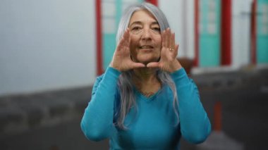 Canlı şehir ortamında renkli kapıları ve pencereleri olan canlı bir sokakta gri saçlı, mavi kazaklı yaşlı bir kadın bağırıyor..