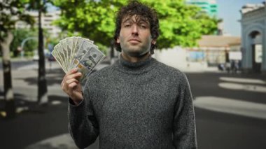 Bir şehir caddesinde Amerikan dolarlarını elinde tutan adam, kendine güvenen bir ifadeyle zenginlik sergiliyor, şehir manzarası ve yeşilliklerle çevrili..