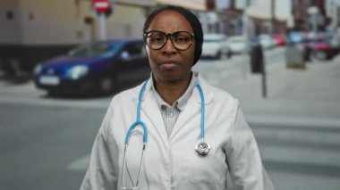 Gözlüklü ve steteskop takan kadın doktor sokak ortasında el hijyeni uyguluyor..