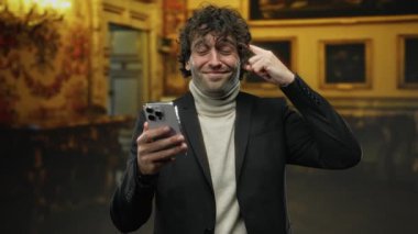 Genç İspanyol adam parmaklarıyla kafaya dokunurken gülümsüyor ve akıllı telefonu tutuyor, zarif sanat galerisinde sıcak ışıklandırma ve karmaşık sanat eserleriyle ayakta duruyor..