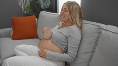 Hamile kadın evdeki kanepede dinleniyor, sıcak bir içkinin tadını çıkarıyor, rahat bir oturma odasında rahat bir dekor ile çevrili..