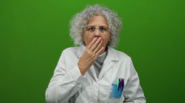 Beyaz önlüklü, kalemli bir kadın, izole edilmiş yeşil duvar arka planına şaşırmış görünüyor..