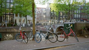 Bulanık bisikletler, Amsterdam 'da yeşil ağaçların altında kanalı çiziyor. Tarihi binalar Hollanda' nın hareketli kentsel manzarasında hafifçe dağılıyor..