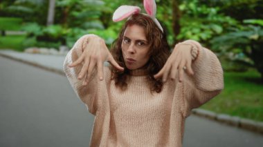 Tavşan kulağı takan bir kadın, canlı yeşil yaprakların arasında rahat bir süveter giymiş, açık havada neşeli bir şekilde jest yapıyor..