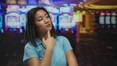 Canlı bir kumarhane ortamının içinde canlı bir şekilde aydınlatılmış kumar makineleriyle çevrili bir kadın kapalı alandaki kumarın şüphe ve dinamik atmosferini yakalıyor..