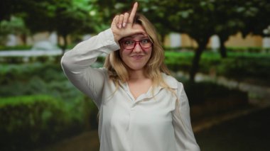 Parkta sarışın bir kadın kameraya ezik hareketler yapıyor, neşeli bir ifadeyle gülümsüyor, beyaz gömlek ve gözlük takıyor ve arka planda yeşil ağaçlar var..