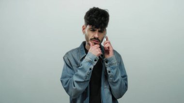 Ciddi bir ifadesi olan genç bir adam beyaz arka planda kot ceket giyiyor.