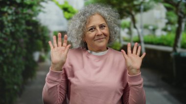 Gri saçlı yaşlı kadın yüzünü örtüyor ve bir şehir sokağında gülümsüyor, neşe ve neşe dolu bir şehir ortamında çevresini çevreleyen canlı yeşillik.